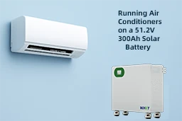 Image showing an air conditioner and a 51.2V 300Ah LiFePO₄ solar battery with text Image showing an air conditioner and a 51.2V 300Ah LiFePO₄ solar battery with text